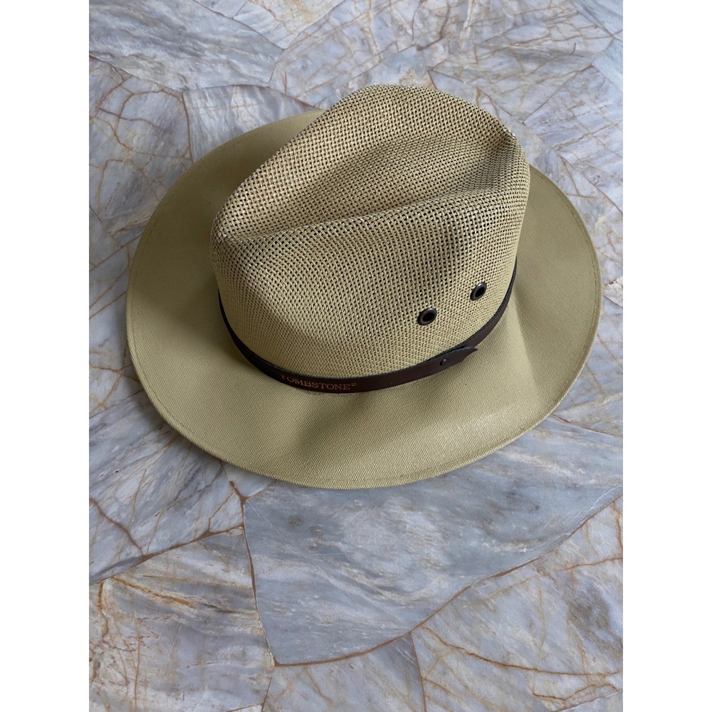 Tombstone Tan Straw Mesh Fedora Safari Sun Hat Wide Brim Medium Made in Mexico